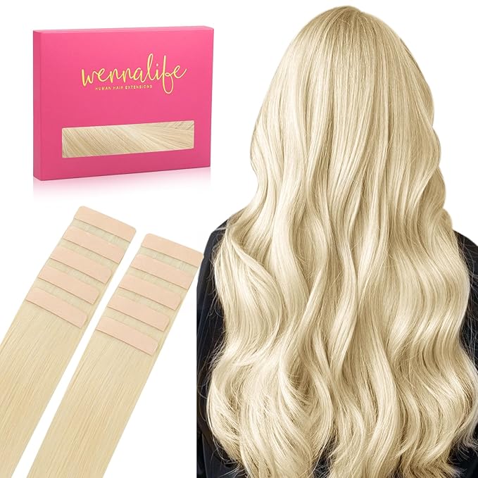 Wennalife Tape in Hair Extensions Human Hair Platinum Blonde Tape in Extensions, 10pcs 30g 22 inch Remy Invisible Tape Ins Straight Soft Real Human Hair Tape in Extensions Refill Set Extensions