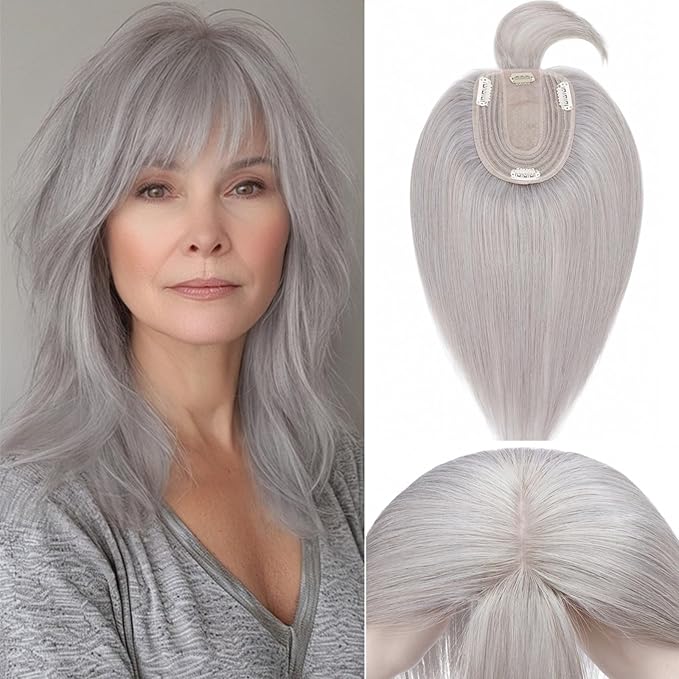 Rich Choices Real Human Hair Toppers for Women With Bang 100% Remy Human Hair Topper for Thinning Hair Clip in Silk Base Hair Topper 14 Inch GREY