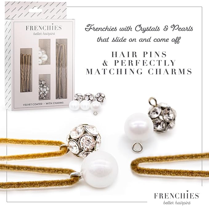 Frenchies French Twist Hair Pin, Velvet Coated Extra Soft French Hair Pins for Women, Wedding, Updo Extensions, or Wig, 6 Pearls + 6 Crystals, 20 Count (10 Lrg, 10 Sm), Blond