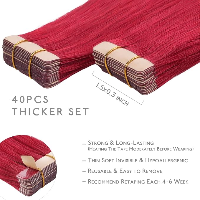 WENNALIFE Tape in Hair Extensions Human Hair, 40pcs 100g 20 inch Red Hair Extensions Real Human Hair Straight Tape in Extensions Invisible Human Hair Extensions Reusable Real Hair Extensions