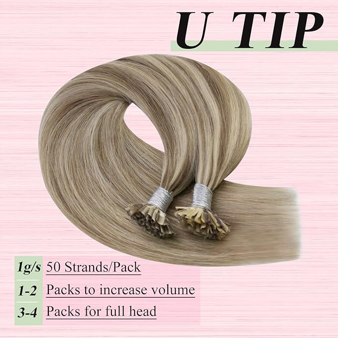 YoungSee U Tips Hair Extensions Real Human Hair Brown to Blonde U Tip Extensions for Women Light Brown Highlight Blonde Hair Extension U Tips 22In Ktip Hair Extension Human Hair Straight 50s/50g