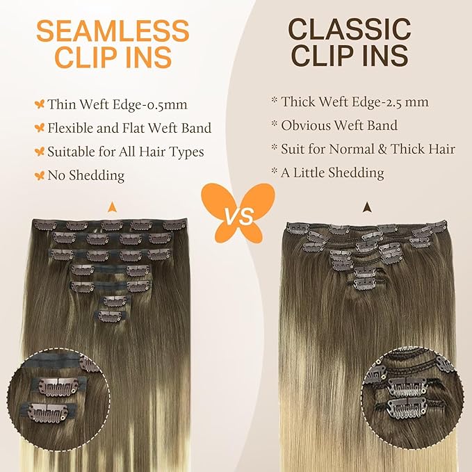 DOORES Real Human Hair Extensions, Ash Brown to Platinum Blonde, 16 Inch, 130g, 7pcs, Seamless Clip in, Remy Straight, Invisi Edge