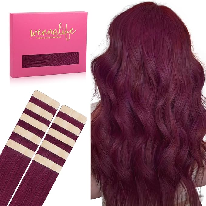 WENNALIFE Tape in Hair Extensions Human Hair Light Burgundy Tape in Extensions, 10pcs 30g 26 inch Remy Invisible Tape Ins Straight Colored Soft Real Human Hair Tape in Extensions Refill Set Extensions