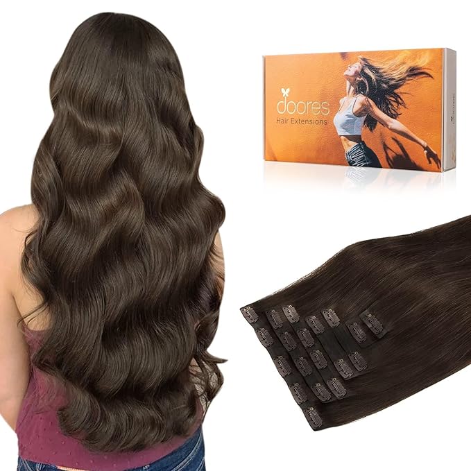 DOORES Clip in Hair Extensions, Light Dark Brown 130g 7pcs 18 Inch, Seamless Weft Invisible Edge Clip in Hair Extensions Long Straight Weft