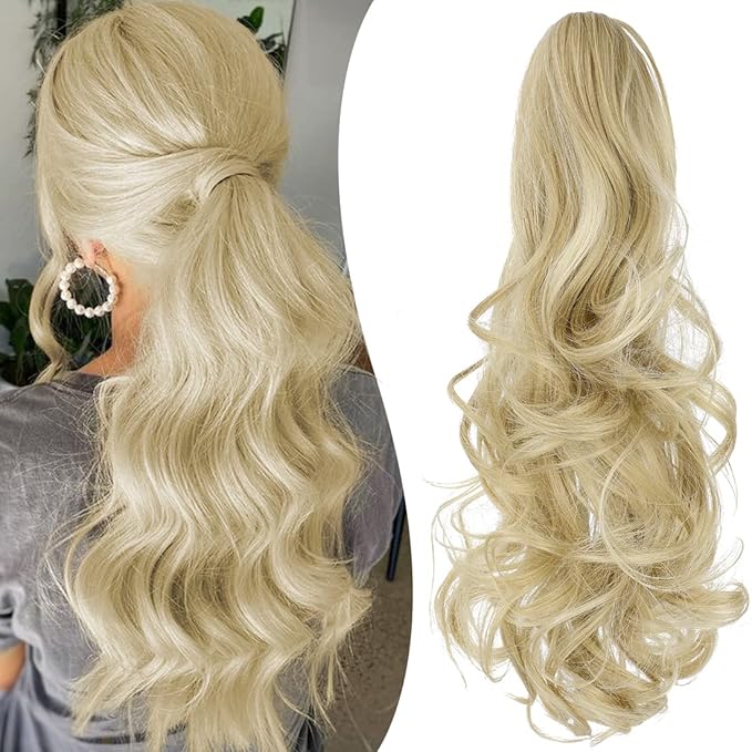 Claw Clip Ponytail Extension 18" Clip in Wavy Ponytail Hair Extensions Long Pony Tails for Women Extensions Light Blonde Mix Bleach Blonde Wave Hairpiece