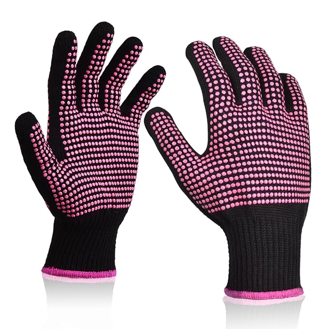 Sopito 2Pcs Heat Resistant Gloves with Silicone Bumps, Professional Heat Protection Gloves for Hair Styling, Mitts for Curling Iron Wand Flat Iron Sublimation, Rose Red
