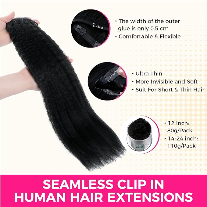 Lashey Seamless Clip in Hair Extensions Human Hair #1 Jet Black Kinky Straight Clip in Hair Extensions Real Human Hair 7pcs 110g 20 Inch PU Weft Natural Hair Extension for Women