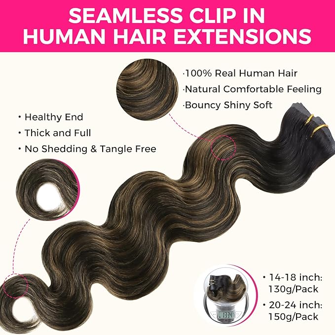 Lashey Seamless Clip in Hair Extensions Human Hair 130g 9pcs 18 Inch Body Wave Natural Black Mixed Chestnut Brown Clip in Hair Extensions for Women