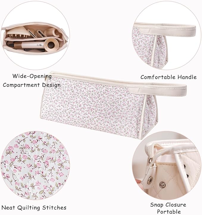 Large Quilted Hair Tools Travel Bag,Aesthetic Hair Styling Accessories Storage Case for Flat Irons,Straightener,Curling Iron,Hair Dryer,Dyson Airwrap Travle Bag（06Small Pink Flower）