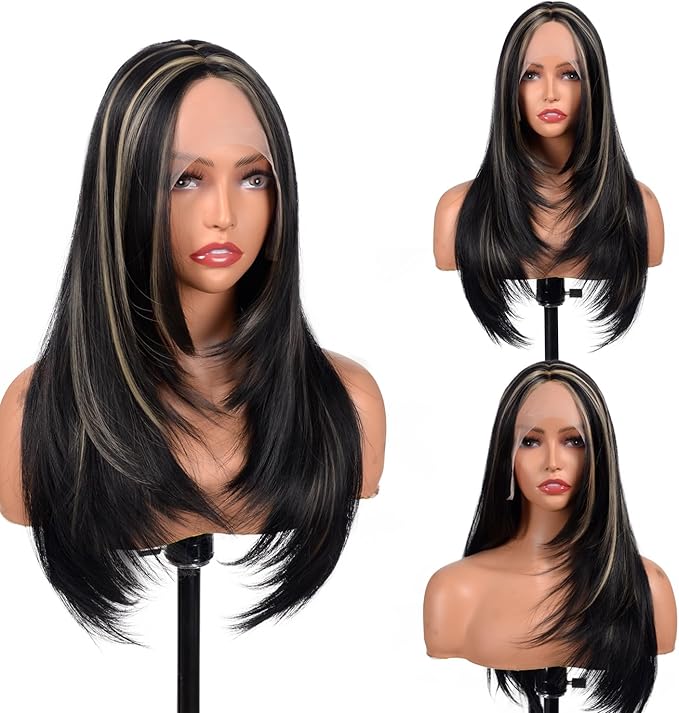 BrittyHair Black Mix Blonde Long Straight Wig for Women 26 Inches Synthetic Layered Wig 13x4x1 Black Mix Blonde Lace Front Wig Middle Part Synthetic Wigs for Daily Cosplay Party Use
