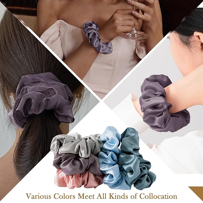 Silk Hair Scrunchies, 100% Mulberry Silk Hair Tie, No Damage for Frizz Prevention, Sleep and Night Scrunchie, Hair Accessories for Women (Rubber Red, Haze Blue, Light Blue, Gray, Sauce Purple)