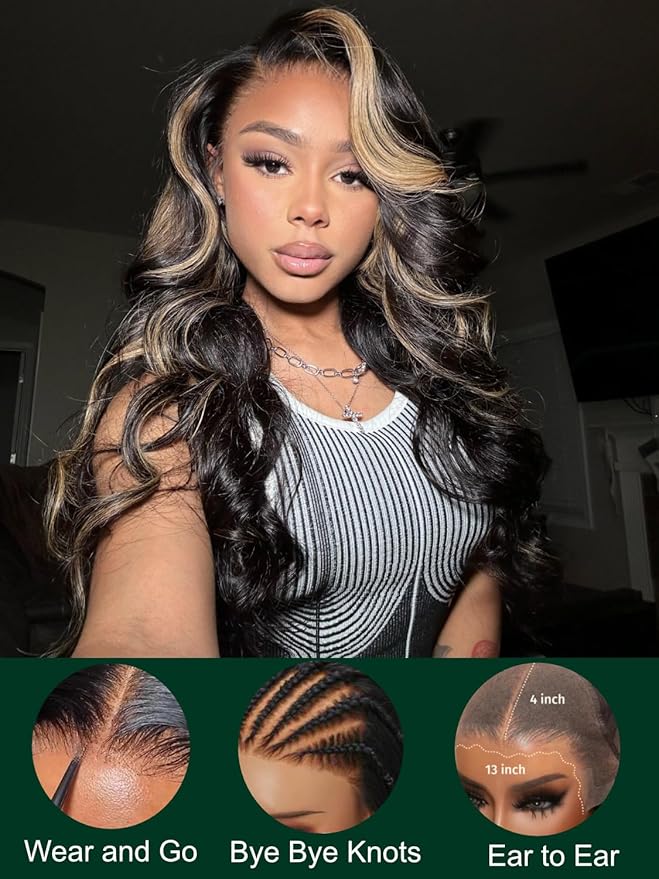 KLAIYI Bye Bye Knots Glueless Wig Human Hair 13x4 Balayage Highlight 3D Body Wave Precut Lace Front Wig with Baby Hair Black Mix Blonde Brown Pre Plucked Pre Bleached Knots Wig 30S Easy to Wear 24Inch