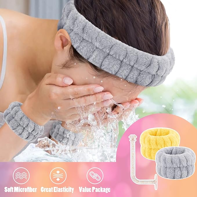 Face Wash Headband and Wristband Set - Microfiber Wrist Towels with Holder for Spa, Absorbent Scrunchies