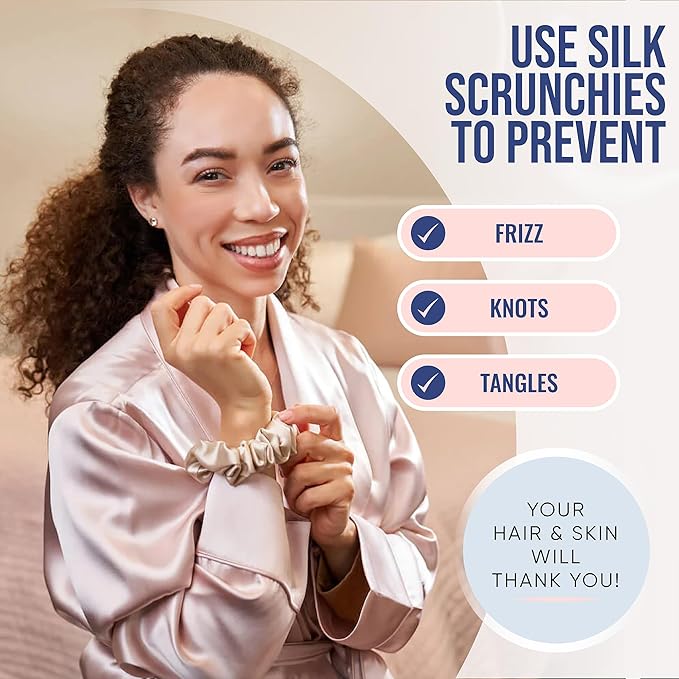 Blissy Silk Scrunchies (3 Pack) - 100% Pure Mulberry Silk - 22 Momme 6A High-Grade Fibers Scrunchie for Straight & Curly Hair - Preventing Breakage, Tangling, & Creasing (Champagne Skinny)