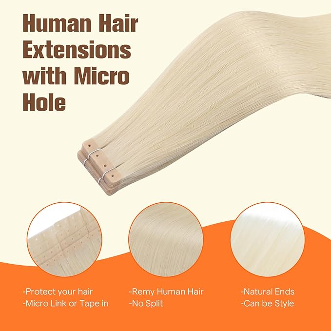 Full Shine Tape in Hair Extensions Human Hair Blonde Tape ins Color 60 Bleach Blonde Glueless Remy Human Hair Extensions with Holes 20PCS 50G 18Inch No Glue No Clips for Thin Hair