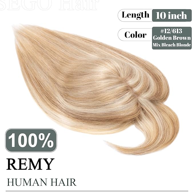 SEGO Hair Toppers for Women Real Human Hair with Thinning Hair, Hair Pieces Clip in Toppers Straight Hair Pieces with Front Bangs -10 Inch #12/613 Golden Brown Mix Bleach Blonde