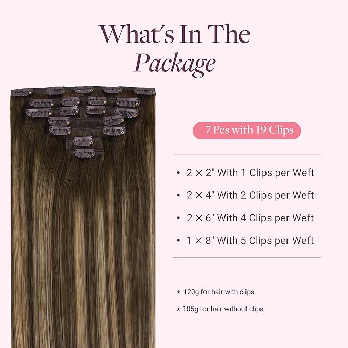 GOO GOO Clip in Hair Extensions Real Human Hair, Remy Human Hair Extensions Clip ins for Women, Natural Human Hair, 24inch 120g 7Pcs, 4/27/4 Balayage Chocolate Brown to Caramel Blonde