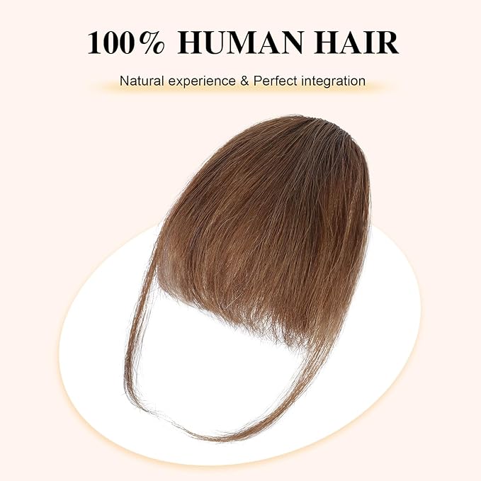 BOGSEA Bnags Hair Clip- Medium Brown Fake Bangs 100% Real Human Hair Extensions Wispy Bangs for Women Fringe with Temples Hairpieces Curved Bangs for Daily Wear（Medium Brown Wispy Bangs）