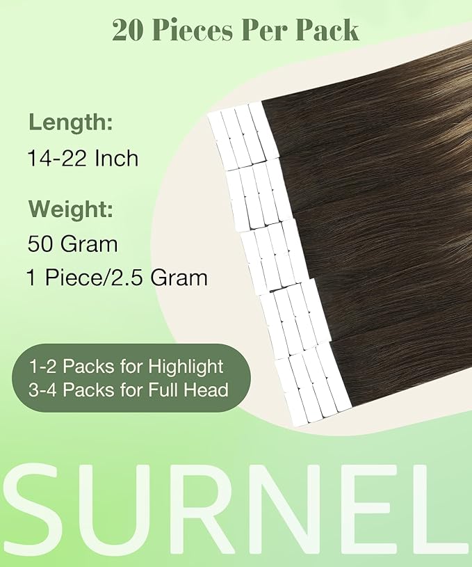 SURNEL Tape in Hair Extensions Human Hair 20 inch 2 Dark Brown Fading to 6 and 18 Ash Blonde Tape in Hair 20 pcs 50g(#2/6/18-20)