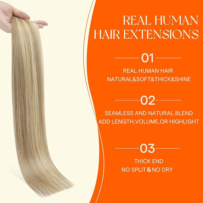 Full Shine Injection Tape in Hair Extensions Human Hair Color 16 Golden Blonde Highlight 22 Medium Blonde Seamless Skin Weft Tape in Extensions 24 Inch Add Length 50 Grams for Weeding 20 Pcs