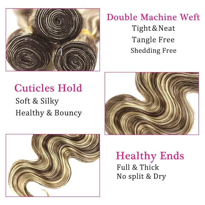 30 32 34 Inch Blonde Human Hair Bundles Highlight Body Wave Bundles Niegmeag Hair Double Weft Brazilian Grade 8A Virgin Remy P4/613 Hair Extensions For Woman
