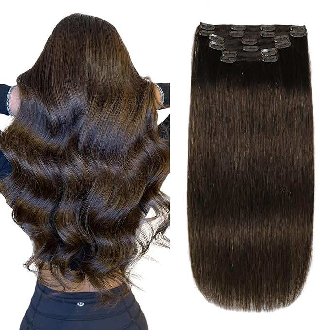 XDhair Clip in Hair Extensions Human Hair 100g 16 Inch Dark Brown Human Hair Extensions Clip ins Hair Extension Real Human Hair Silky Straight Hair #2 16 Inch