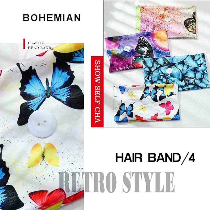Olbye Wide Boho Headbands Headwrap Butterfly Stretch Button Hair Bands Bandana Yoga Running Athletic Turban Head Bands Head Scarfs Hair Accessories for Women 4Pcs (Button)