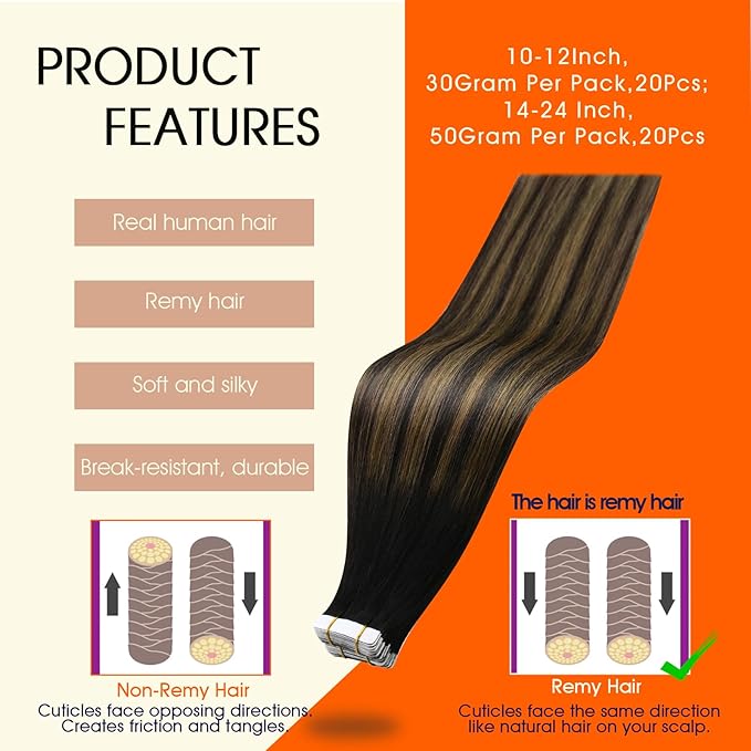 Full Shine Seamless Tape in Hair Extensions Color 1B/6/1B Invisible Tape ins Human Hair Extensions 20 Inch Remy Extensions Human Hair 50 Gram Straight Natural Hair Extension 20Pcs for Wedding