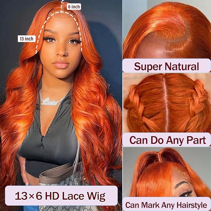 Ginger Orange Lace Front Wigs Human Hair 13x6 Body Wave Frontal Wigs Human Hair for Women 200% Density Pre Plucked HD Transparent Lace Glueless 350 Colored Human Hair Wig Bleach Knots 26 Inch