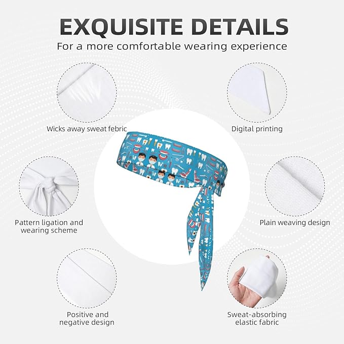 Men Women Novelty Sports Sweat Bands Hair Accessories for Sports Workout Shower, Elastic Multi Style Teeth Dental Seamless Pattern Blue Hair Band Headdress