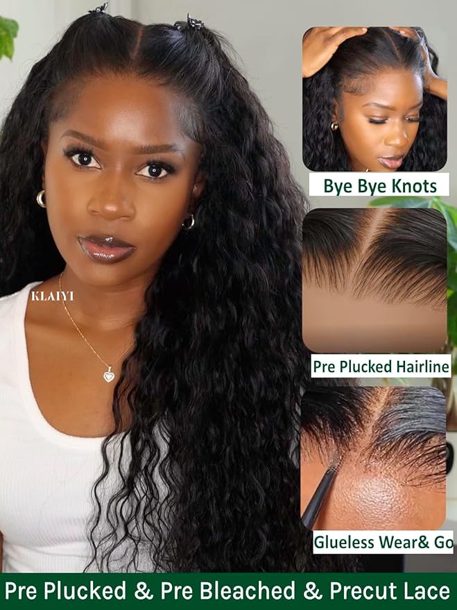 KLAIYI Water Wave Pre Cut 360 Full Lace Frontal Glueless Wig Human Hair Drawstring Pre Plucked Bleached Bye Bye Knots Pre Everything Ready to Wear And Go Curly Beginner Wig with Baby Hair 180% 16Inch