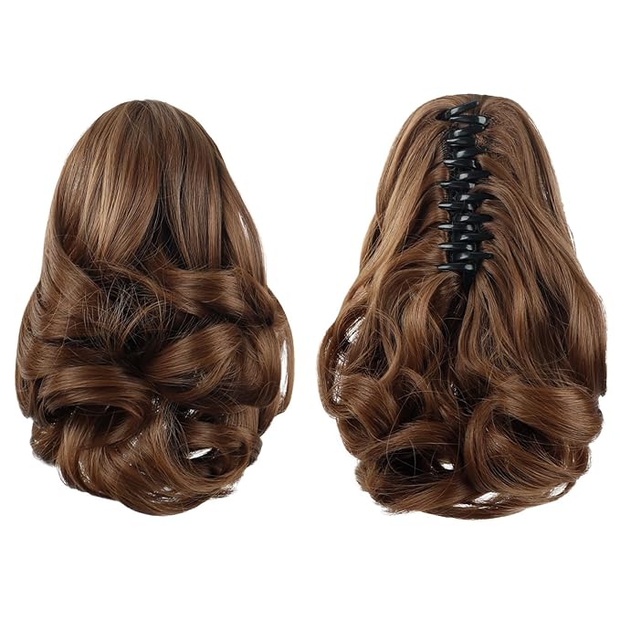 Brown Ponytail Extension,9" Short Curly Wavy Claw Clip in Ponytails Hair Extensions Natural Soft Synthetic Hairpiece for Women