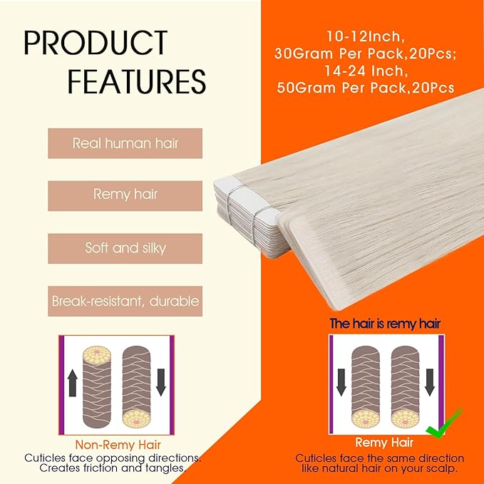Full Shine Injection Tape in Human Hair Extensions Color 1000 Blonde Remy Hair Extensions Tape in Insert Seamless Invisible Skin Weft Versatile Styling Lightweight 22Inch 50G Reusable 20Pcs