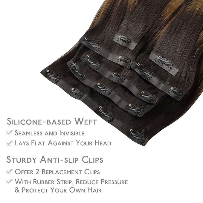 WENNALIFE Seamless Clip In Hair Extensions, 14 Inch 130g 7pcs Balayage Dark Brown to Chestnut Brown Hair Extensions Clip in Human Hair Invisible PU Skin Weft Natural Remy Human Hair Extensions