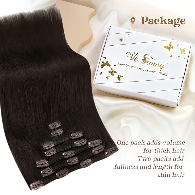 Ve Sunny Clip in Hair Extensions Real Human Hair Dark Brown Hair Extensions Clip ins Long Natural Hair Extensions Human Hair Clip in Soft and Silky 120g 7pcs 22inch