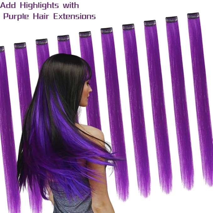 Purple Hair Extensions Clip in, 22 Inch 10 Pieces Long Straight Colored, for Kids Girls Women Highlight Party, Synthetic