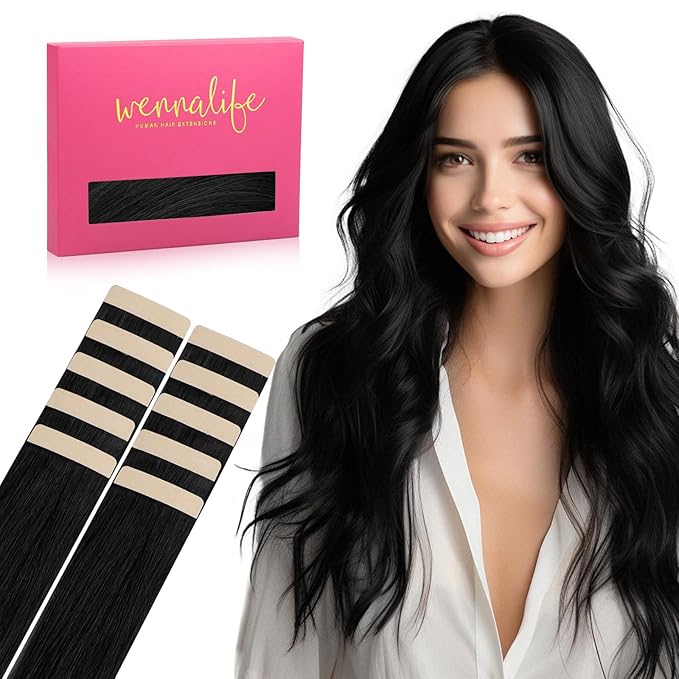 WENNALIFE Tape in Hair Extensions Human Hair Jet Black Tape in Extensions, 10pcs 30g 26 inch Remy Invisible Tape Ins Straight Colored Soft Real Human Hair Tape in Extensions Refill Set Extensions