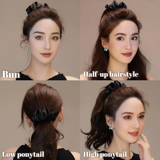 3 Pack Matte Satin Ruffled Hair Claw Clips, Pleated Scrunchie Ponytail Holder for Women, Non-Slip Bun Cuff Clamp, French Style Elegant Hair Accessories (Black, Brown, Khaki)