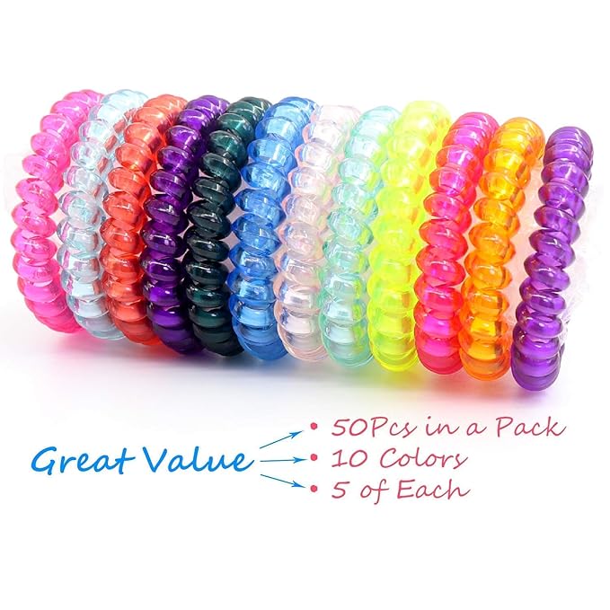 79STYLE 50pcs Spiral Hair Ties For Women Phone Cord Ponytail Holders Colorful Hair Coils Plastic Scrunchies Bulk Hair Ties Coil Hair Bands Bracelets For Grils (Crystal10 Colors -Large Size)