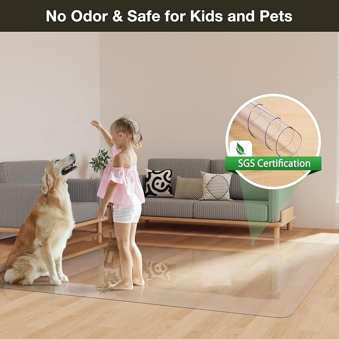 Crystal Clear Floor Mat 5×7ft, Upgraded Easy Flat Waterproof Vinyl Rug Cover, Large Stain-Resistant Plastic Area Rug Floor Protector for Kitchen, Dining Room, High-Traffic Areas