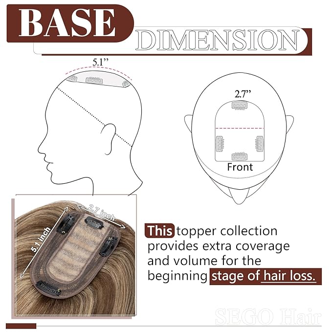 SEGO Real Human Hair Topper for Women, No Bangs Hair Topper with Anti-Slip Clips (18 Inches Medium Brown Mix Dark Blonde)