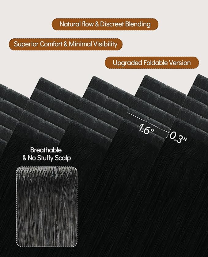 VINBAO Invisi Edge Tape in Extensions Human Hair, Jet Black 40g 20pcs, Injected Tape in Extensions Virgin Human Hair Seamless Injected Tape Hand-Tied Pro Invisible 14inch #1