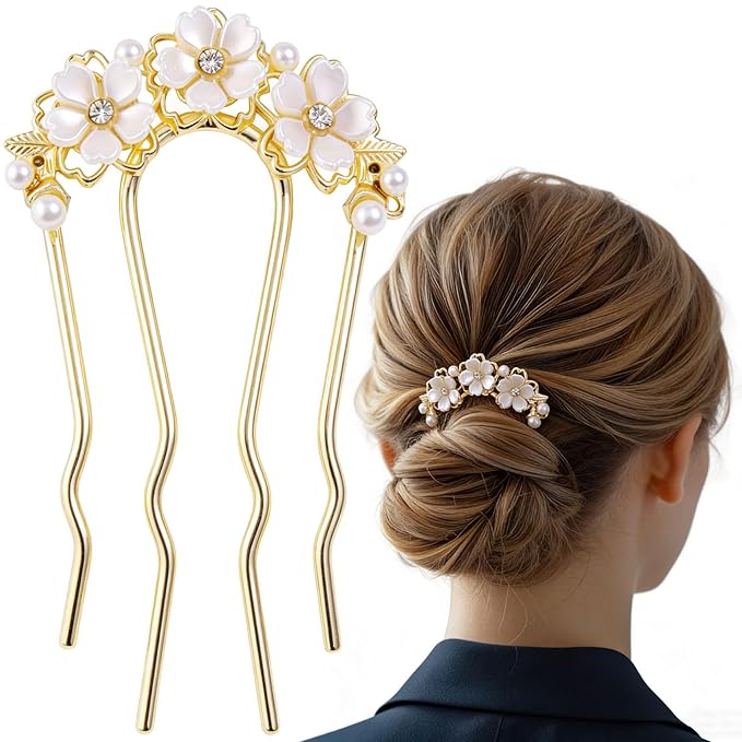Pearl Flower Hair Clips, U-Shaped Crystal Flower Rhinestone Hair Pins, Gold Alloy Floral Hairpins Hairclips Accessories for Bride Weddings Party Holiday