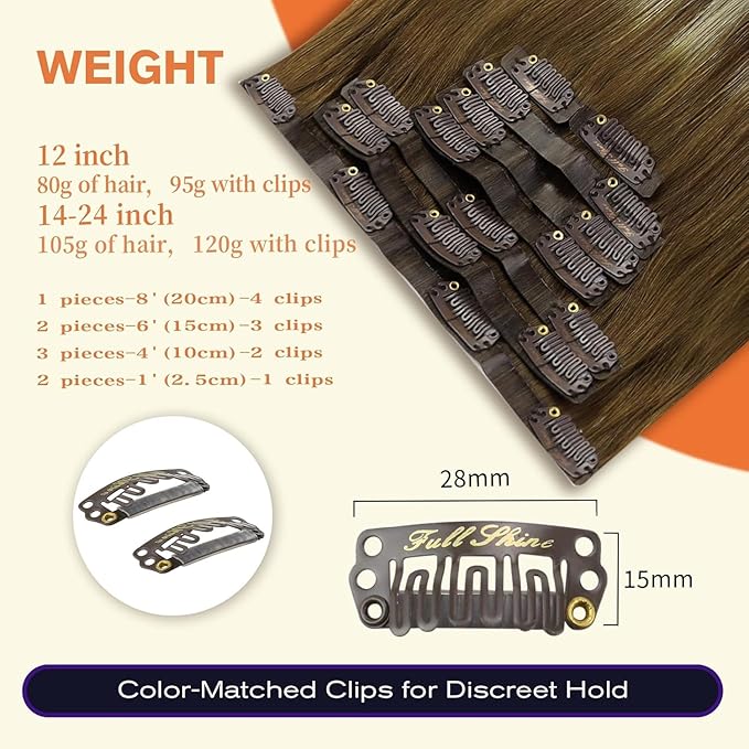 Full Shine Clip in Human Hair Extensions Balayage Seamless Clip ins Brown to Caramel Blonde and Platinum Blonde and Light Brown Hair Extension Clip ins 16 Inch 8 PCS 120 G