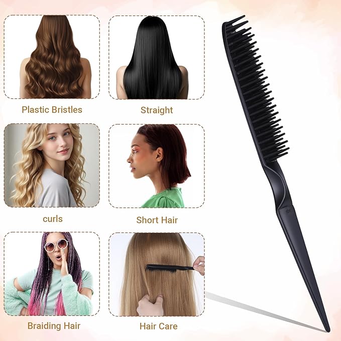 3-Row Rat Tail Styling Comb Set, 8 Inch Detangling Parting Hair Comb Black Rat Tail Styling Combs Flexible Hair Stylings Combs for Detangling, Defining Curls, and Sectioning Hairs (2 PCS)