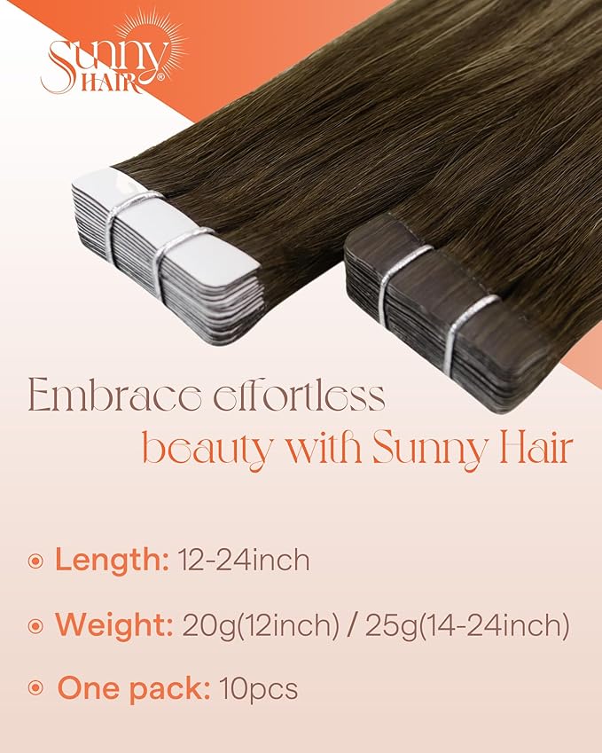 Sunny Hair Tape in Hair Extensions Real Human Hair Invisible Remy Hair Extensions Tape ins for Women Dark Brown Ombre Caramel Blonde Balayage 22 inch 25G