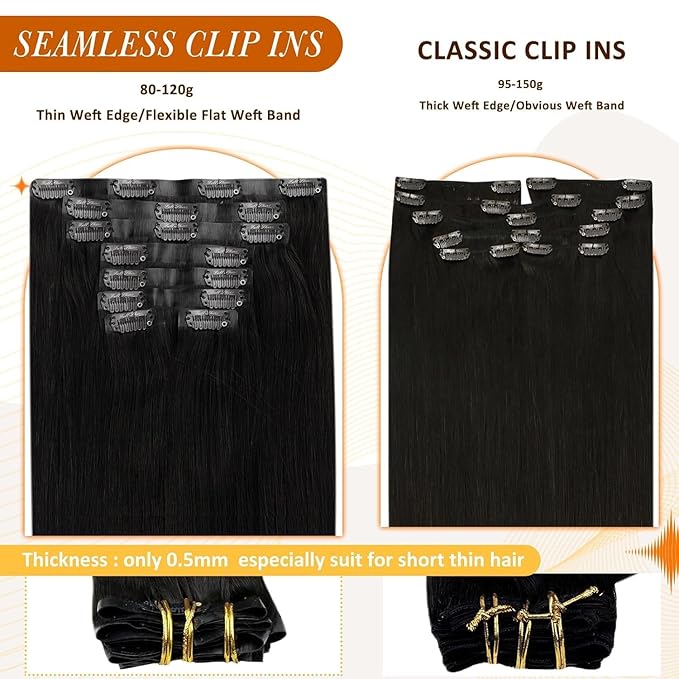 Full Shine Hair Extensions Clip in Human Hair Black Seamless Clip in Hair Extension Black Hair Extensions Clip ins Short Hair Full Head Softness 14 Inch 8 PCS 120 G