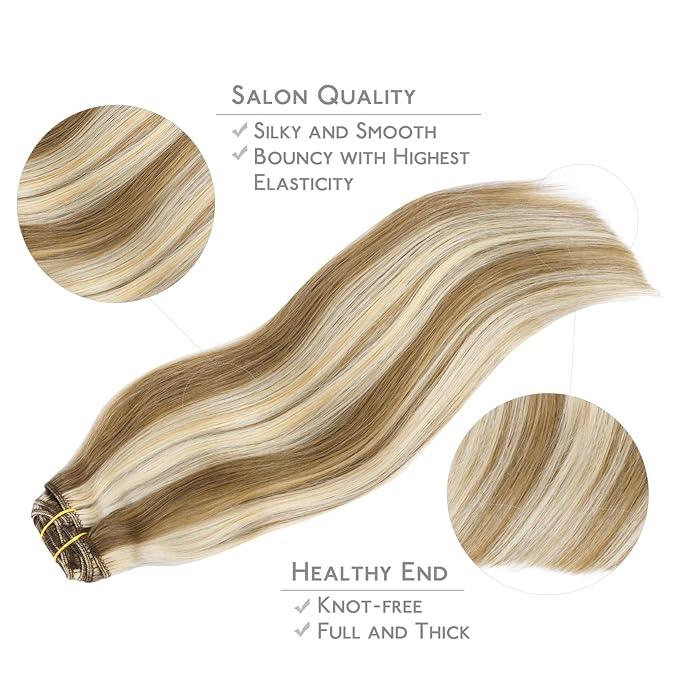 WENNALIFE Clip in Hair Extensions Real Human Hair, 16 Inch 120g 7pcs Ash Brown with Platinum Blonde Highlights Hair Extensions Remy Straight Natural Extensiones De Cabello Humano Con