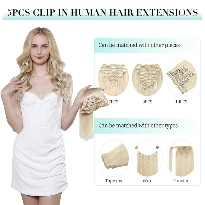 DOORES Clip in Human Hair Extensions, 22 Inch Balayage Light Blonde Highlighted Golden Blonde, 5pcs 85g Remy Straight