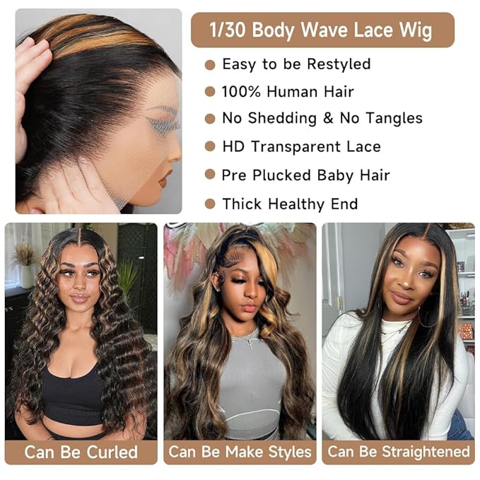 AMIRTY 32 Inch 9x6 Glueless Wigs Human Hair Pre Plucked pre cut Ombre Lace Front Wig Human Hair Wear and Go Glueless Wig 180% Density 1B/30 Highlight Body Wave Wig HD Colored Wigs
